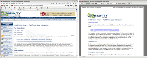 The two different versions of the page using the different style sheets