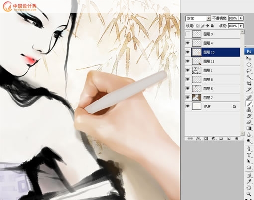 Photoshop���ֻ�ˮī�����Ů